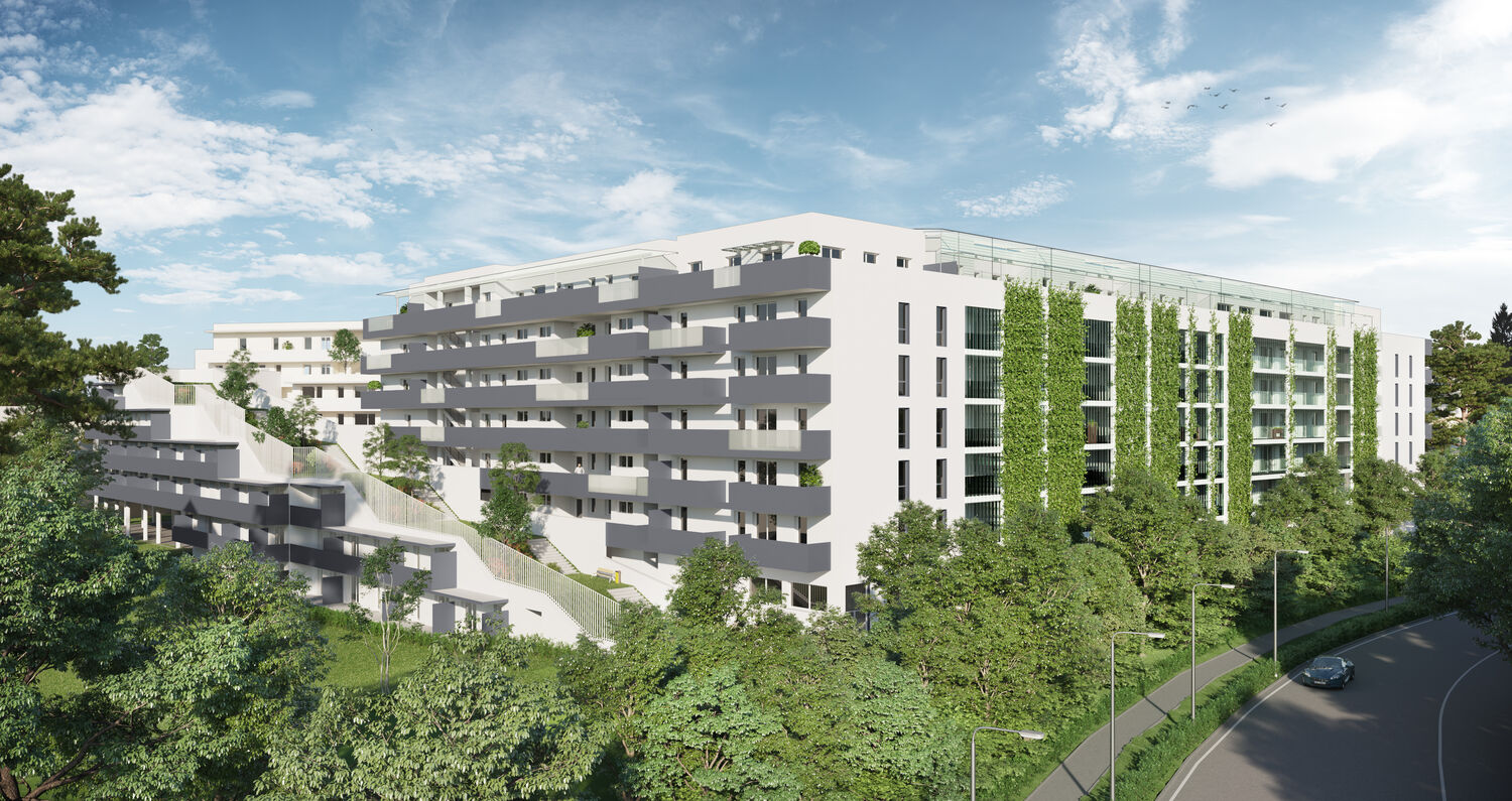 GWS - Projekt: LENDPARK in Graz, Lend. 282 freifinanzierte Eigentumswohnungen, Gewerbeflächen wie Büros, ein Kindergarten und ein Café. Highlights: Begrünte Fassade und Dachgärten.