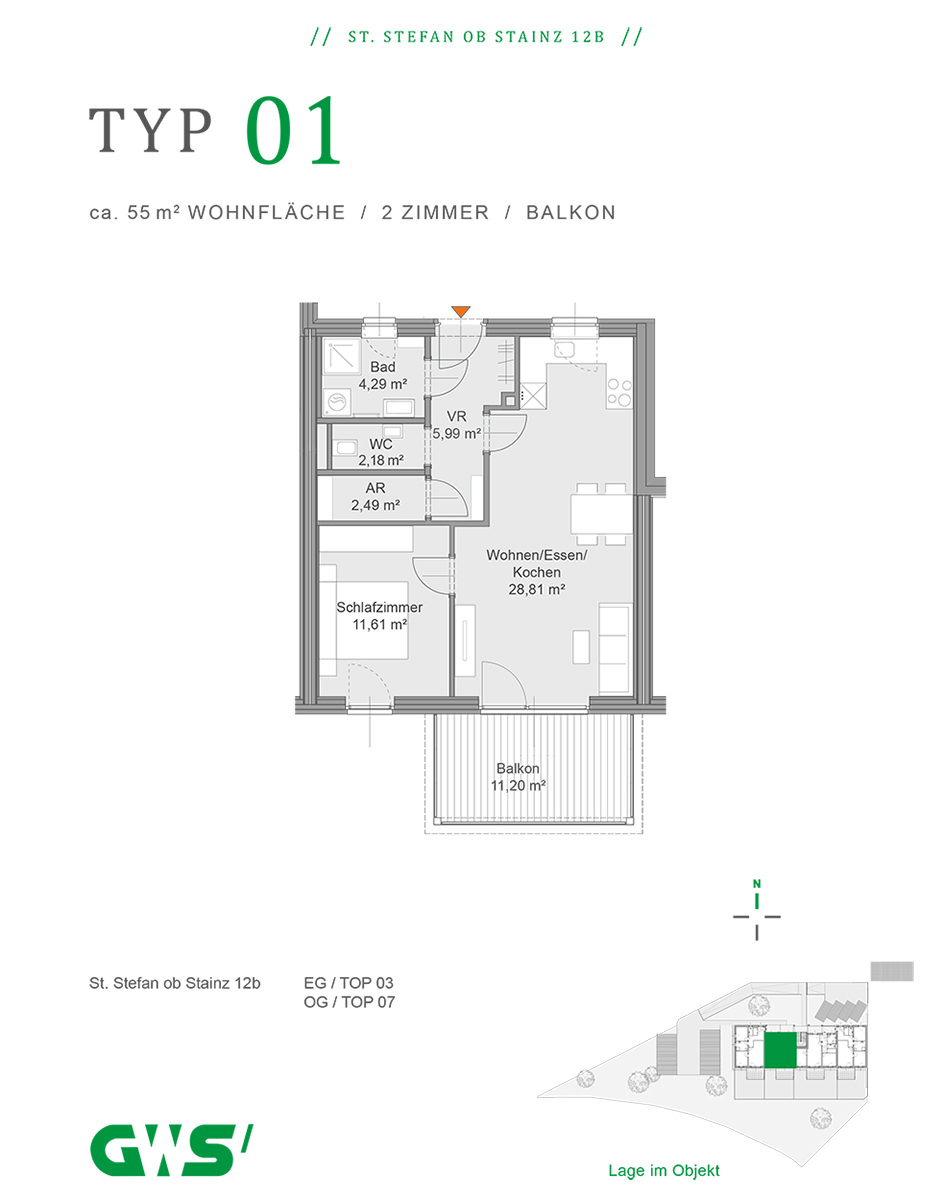St. Stefan ob Stainz 12b, 8 geförderte Mietwohnungen - GWS-Mietwohnungen - Grundrisstyp 03 - ca. 55 m² St. Stefan ob Stainz 12b, 8 geförderte Mietwohnungen - GWS-Mietwohnungen - Grundrisstyp 01 - ca. 55 m²