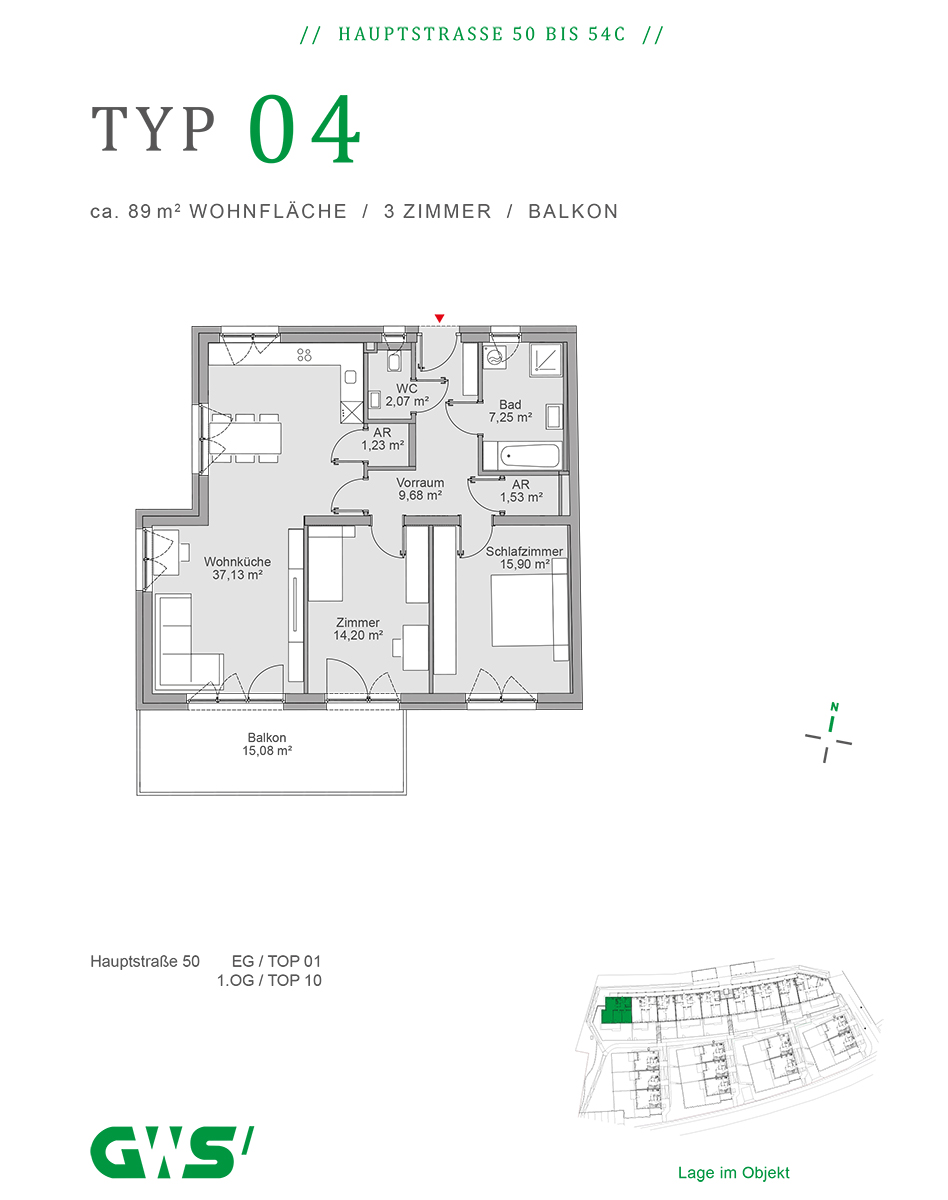 Nestelbach, Hauptstraße 50 - 54c, Wohnungstyp 04 - 3-Zimmer-Wohnung