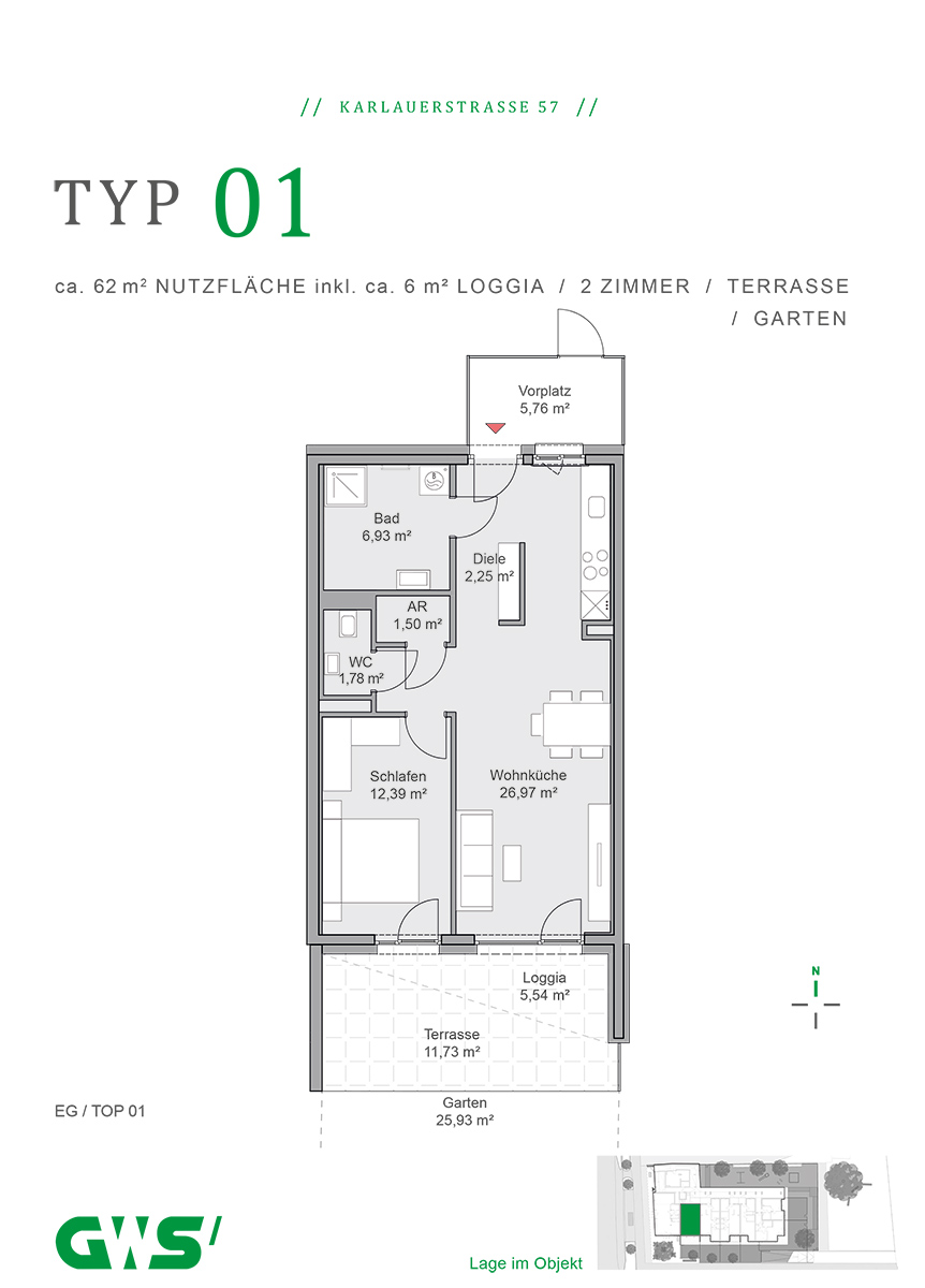 Graz, Karlauerstraße 57, geförderte Mietwohnungen, Wohnungstyp 01 - 2-Zimmer-Wohnung - GWS-Wohnung - Grundriss