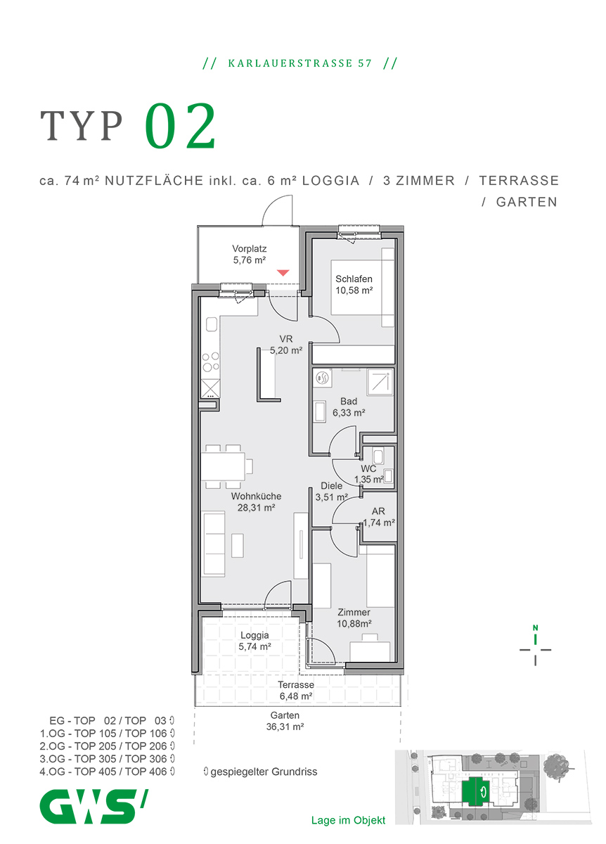 Graz, Karlauerstraße 57, geförderte Mietwohnungen, Wohnungstyp 02 - 3-Zimmer-Wohnung - GWS-Wohnung - Grundriss