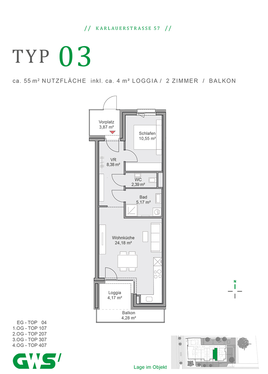Graz, Karlauerstraße 57, geförderte Mietwohnungen, Wohnungstyp 03 - 2-Zimmer-Wohnung - GWS-Wohnung - Grundriss