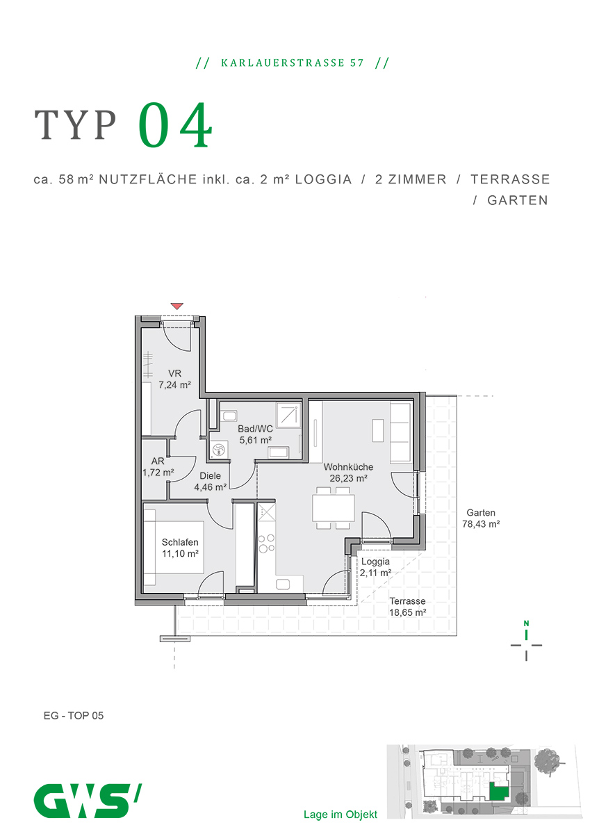 Graz, Karlauerstraße 57, geförderte Mietwohnungen, Wohnungstyp 04 - 2-Zimmer-Wohnung - GWS-Wohnung - Grundriss