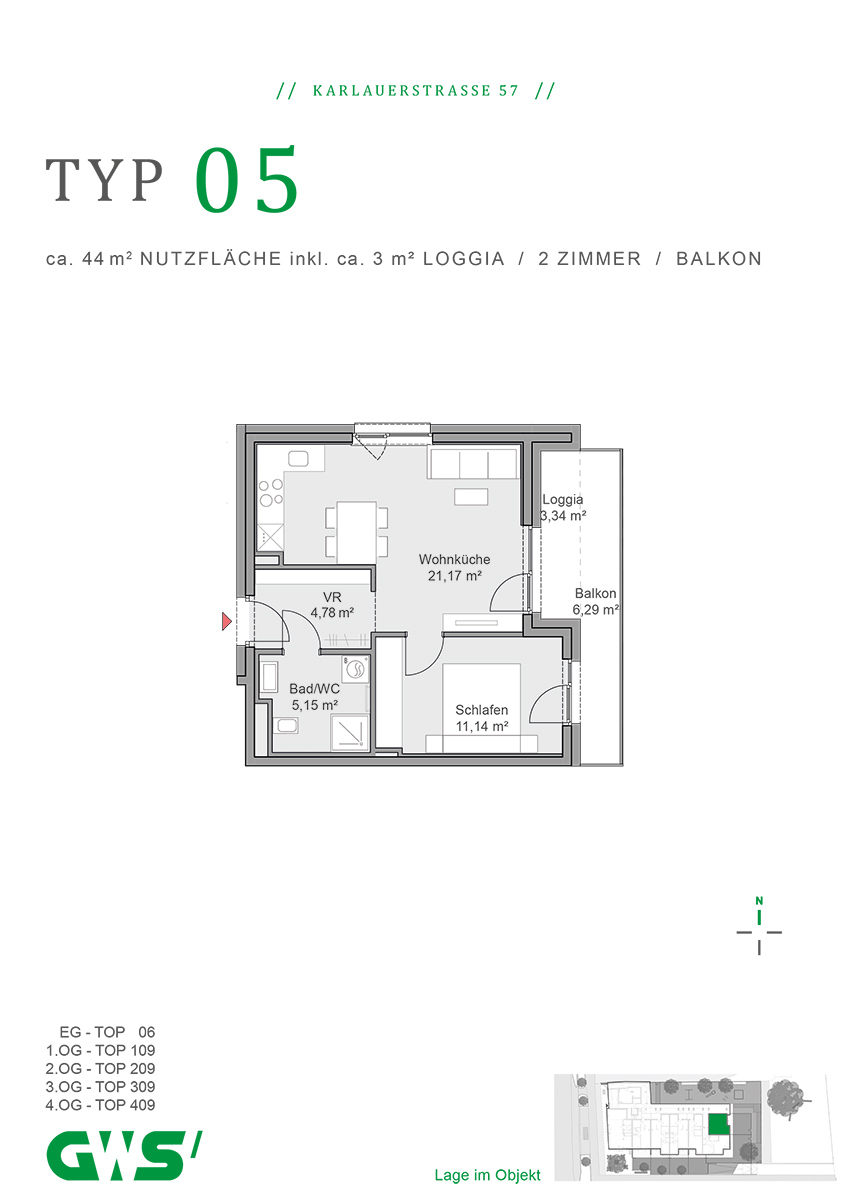 Graz, Karlauerstraße 57, geförderte Mietwohnungen, Wohnungstyp 05 - 2-Zimmer-Wohnung - GWS-Wohnung - Grundriss