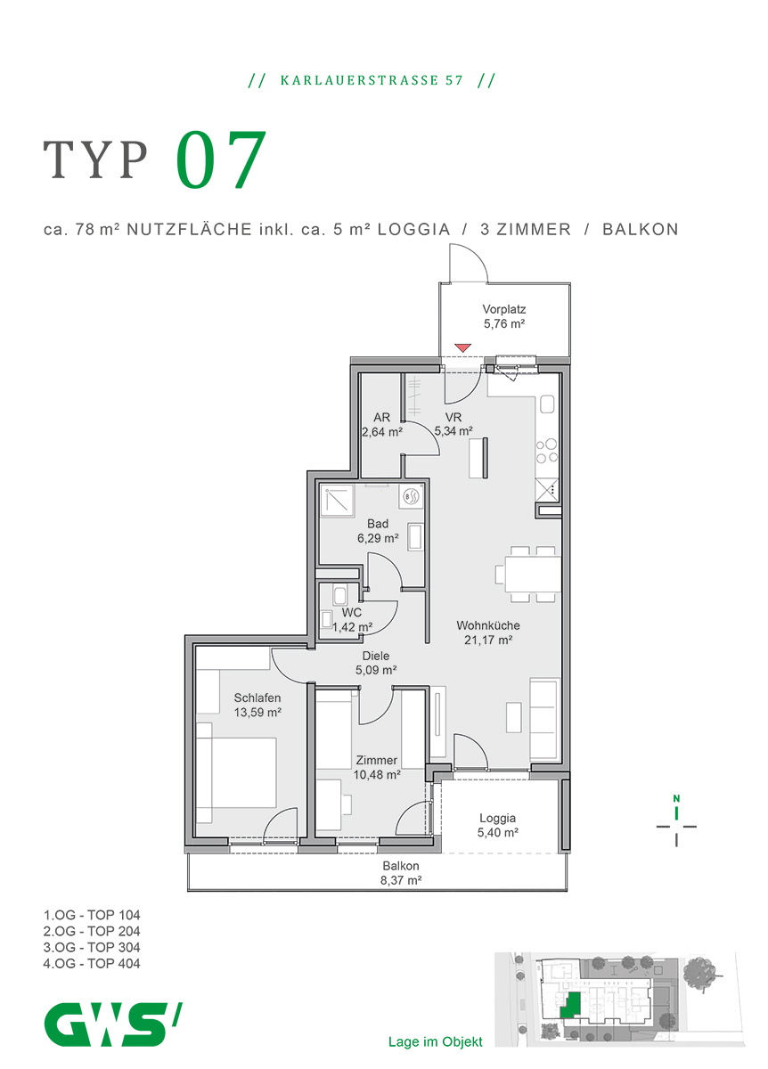 Graz, Karlauerstraße 57, geförderte Mietwohnungen, Wohnungstyp 07 - 3-Zimmer-Wohnung - GWS-Wohnung - Grundriss