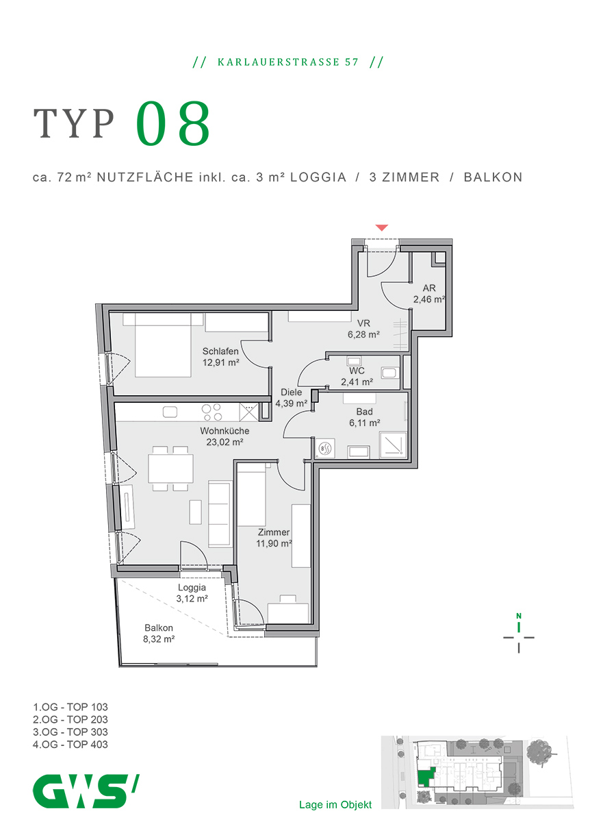 Graz, Karlauerstraße 57, geförderte Mietwohnungen, Wohnungstyp 08 - 3-Zimmer-Wohnung - GWS-Wohnung - Grundriss