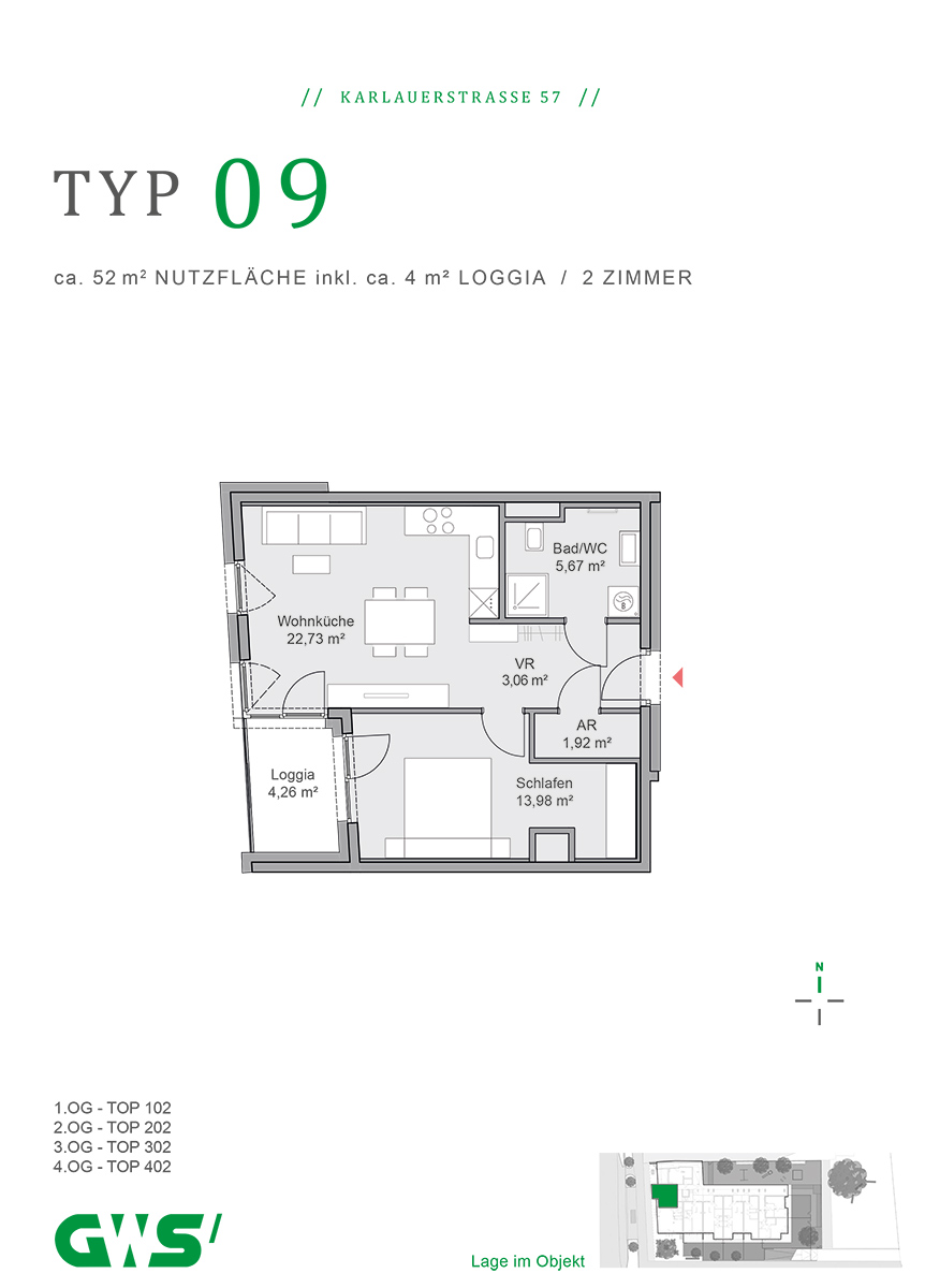 Graz, Karlauerstraße 57, geförderte Mietwohnungen, Wohnungstyp 09 - 2-Zimmer-Wohnung - GWS-Wohnung - Grundriss