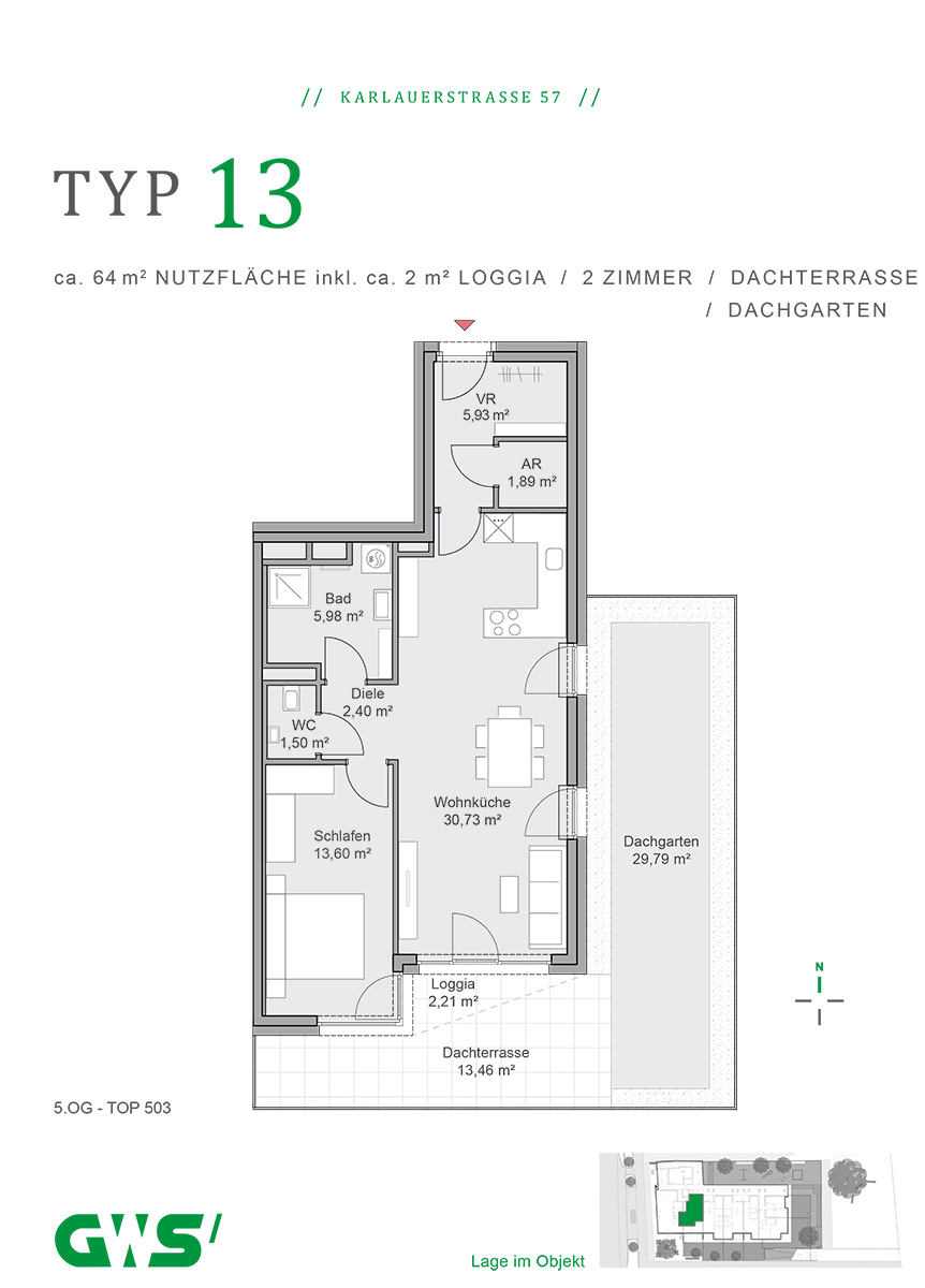 Graz, Karlauerstraße 57, geförderte Mietwohnungen, Wohnungstyp 13 - 2-Zimmer-Wohnung - GWS-Wohnung - Grundriss