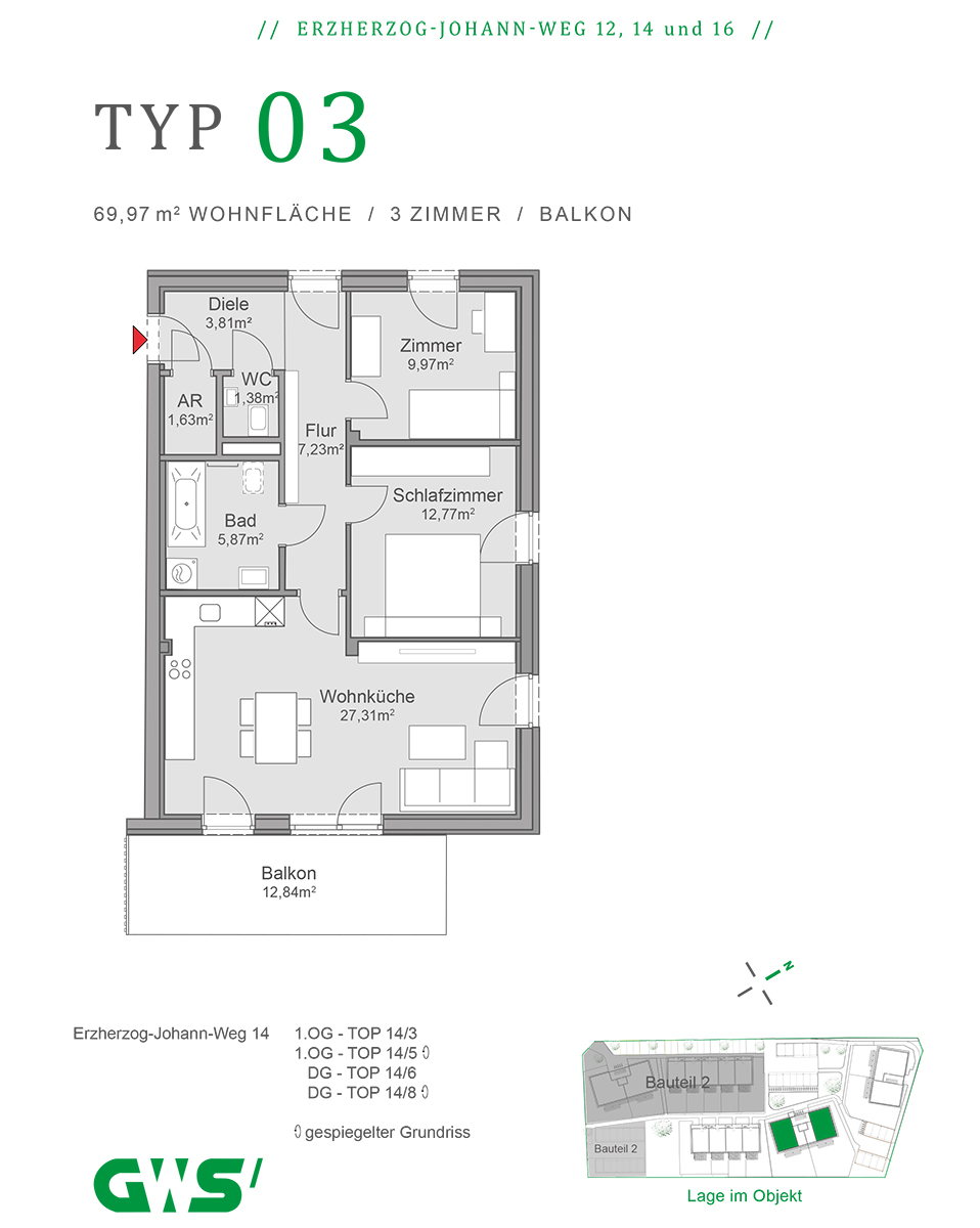 St. Veit in der Südsteiermark, Erzherzog-Johann-Weg 12, 14 und 16 - geförderte Eigentumswohnungen - GWS Wohnung - Wohnungstyp 03 - 3-Zimmer-Wohnung, Grundriss