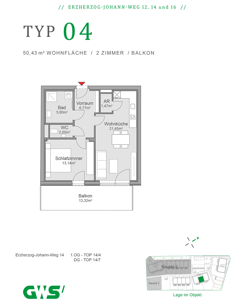 St. Veit in der Südsteiermark, Erzherzog-Johann-Weg 12, 14 und 16 - geförderte Eigentumswohnungen - GWS Wohnung - Wohnungstyp 04 - 2-Zimmer-Wohnung, Grundriss
