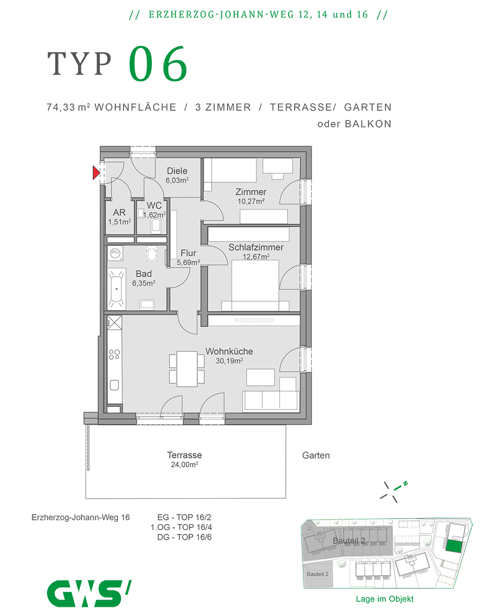 St. Veit in der Südsteiermark, Erzherzog-Johann-Weg 12, 14 und 16 - geförderte Eigentumswohnungen - GWS Wohnung - Wohnungstyp 06 - 3-Zimmer-Wohnung, Grundriss
