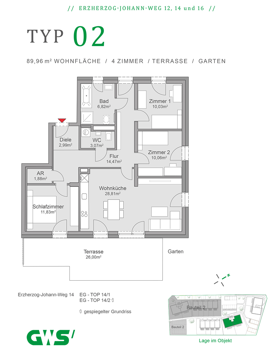 St. Veit in der Südsteiermark, Erzherzog-Johann-Weg 12, 14 und 16 - geförderte Eigentumswohnungen - GWS-Wohnungen - 4-Zimmer-Wohnung - Grundriss Wohnungstyp 02 St. Veit in der Südsteiermark, Erzherzog-Johann-Weg 12, 14 und 16 - geförderte Eigentumswohnungen - GWS Wohnung - Wohnungstyp 02 - 4-Zimmer-Wohnung, Grundriss