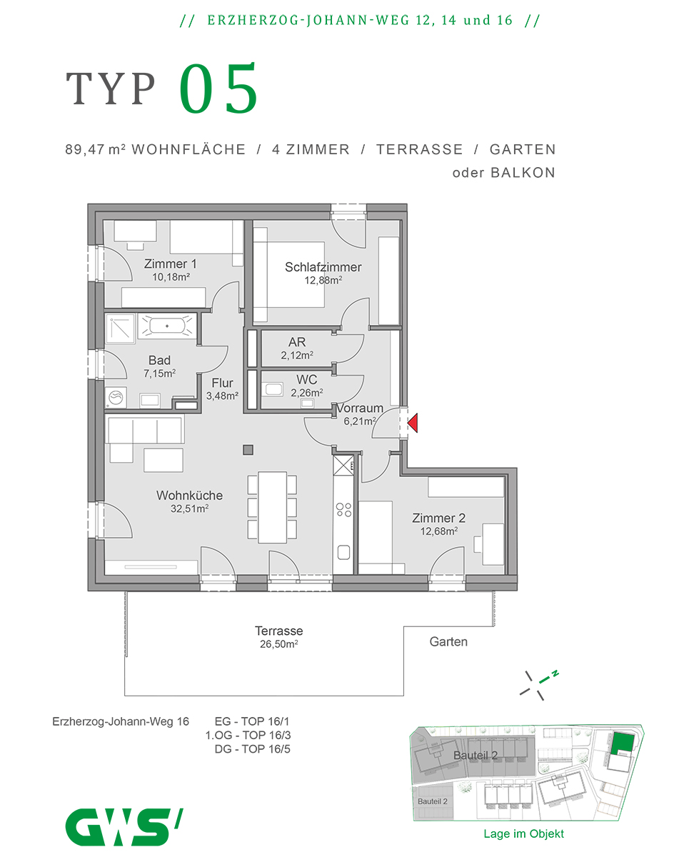 St. Veit in der Südsteiermark, Erzherzog-Johann-Weg 12, 14 und 16 - geförderte Eigentumswohnungen - GWS-Wohnungen - 4-Zimmer-Wohnung - Grundriss - Wohnungstyp 05 St. Veit in der Südsteiermark, Erzherzog-Johann-Weg 12, 14 und 16 - geförderte Eigentumswohnungen - GWS Wohnung - Wohnungstyp 05 - 4-Zimmer-Wohnung, Grundriss