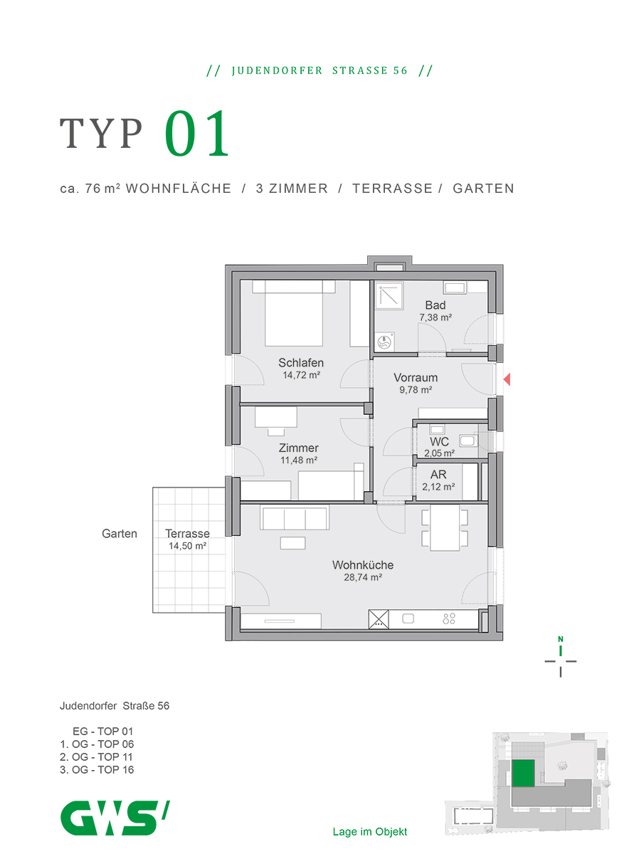 Leoben, Judendorfer Straße 56, Wohnungstyp 01, 3-Zimmer-Wohnung - geförderte Mietwohnung mit Kaufoption GWS