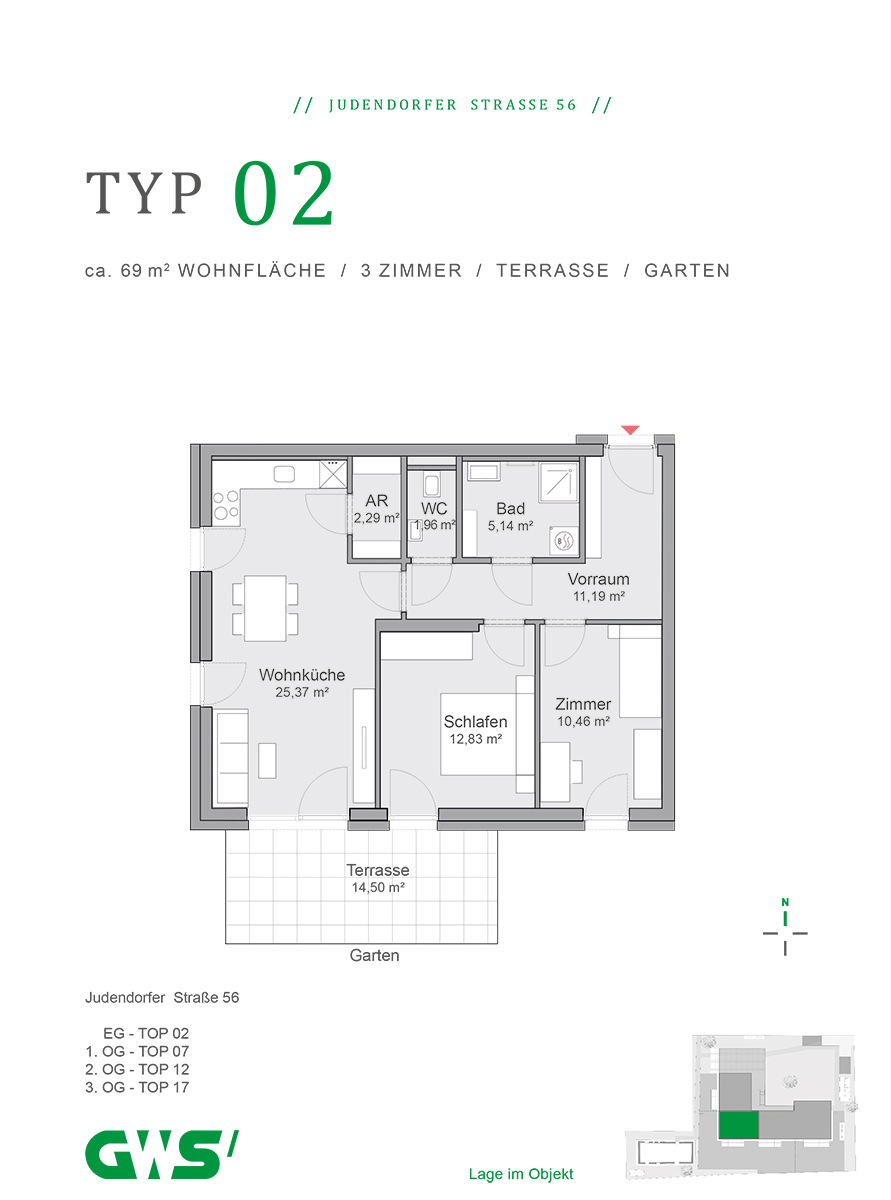 Leoben, Judendorfer Straße 56, Wohnungstyp 02, 3-Zimmer-Wohnung - geförderte Mietwohnung mit Kaufoption GWS