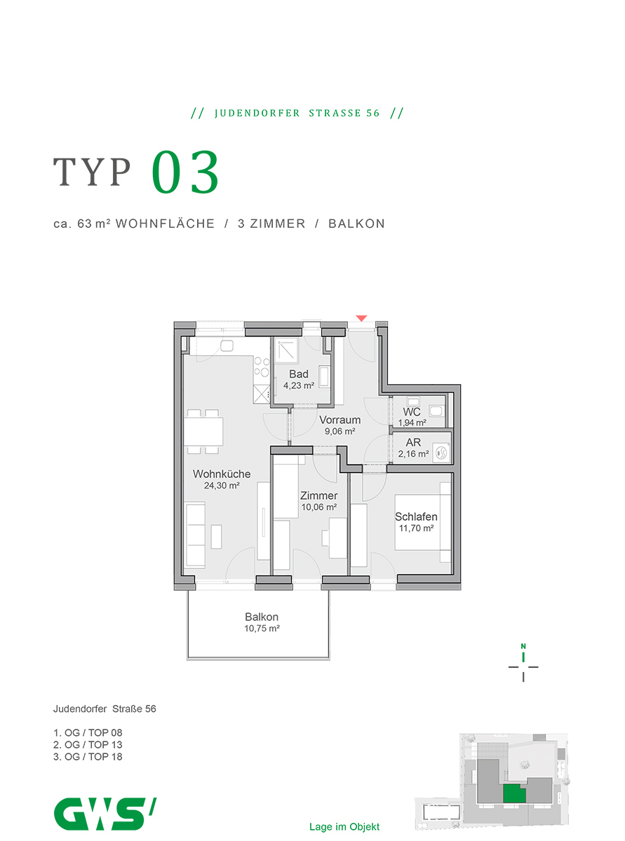 Leoben, Judendorfer Straße 56, Wohnungstyp 03, 3-Zimmer-Wohnung - geförderte Mietwohnung mit Kaufoption GWS