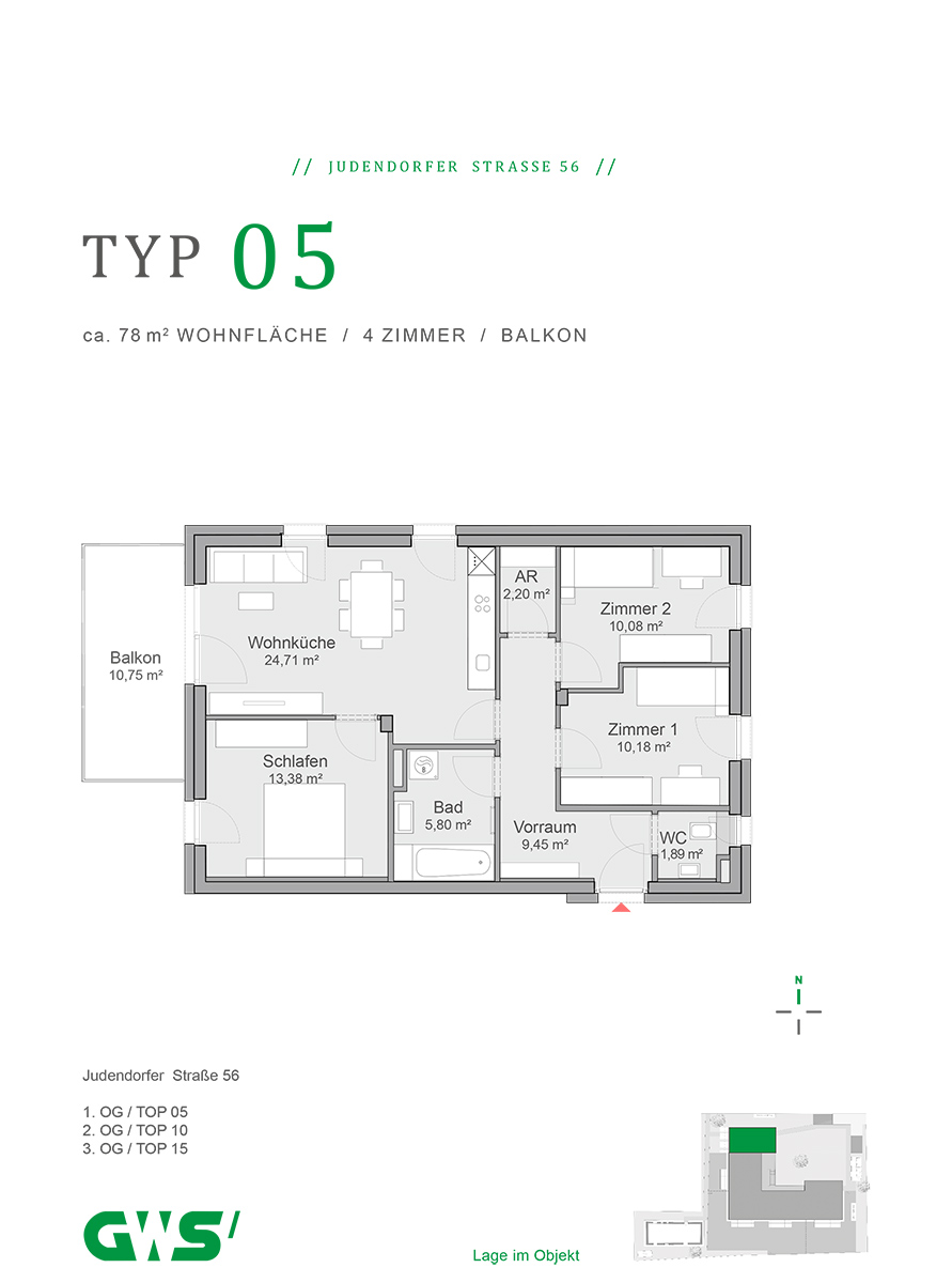 Leoben, Judendorfer Straße 56, Wohnungstyp 05, 4-Zimmer-Wohnung - geförderte Mietwohnung mit Kaufoption GWS